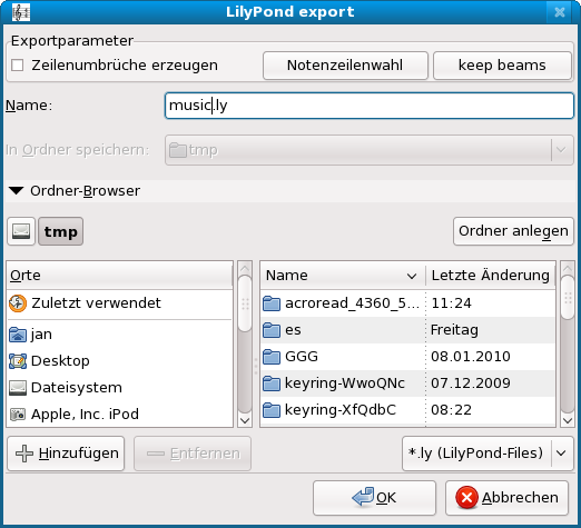 LilyPond export dialog