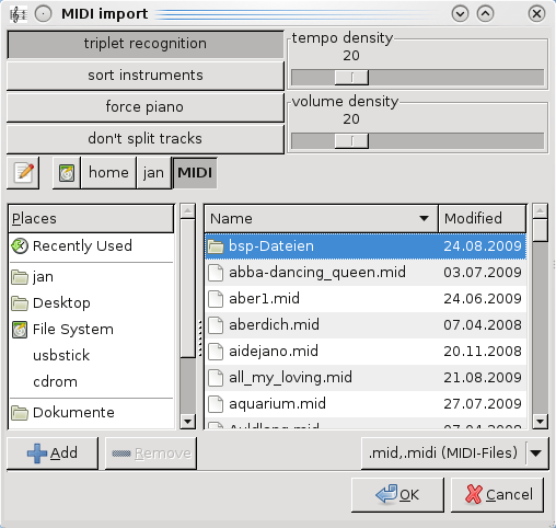 MIDI import dialog