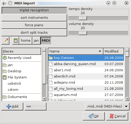 finestra di configurazione della importazione MIDI