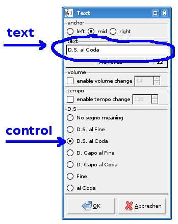 the segno on text dialog